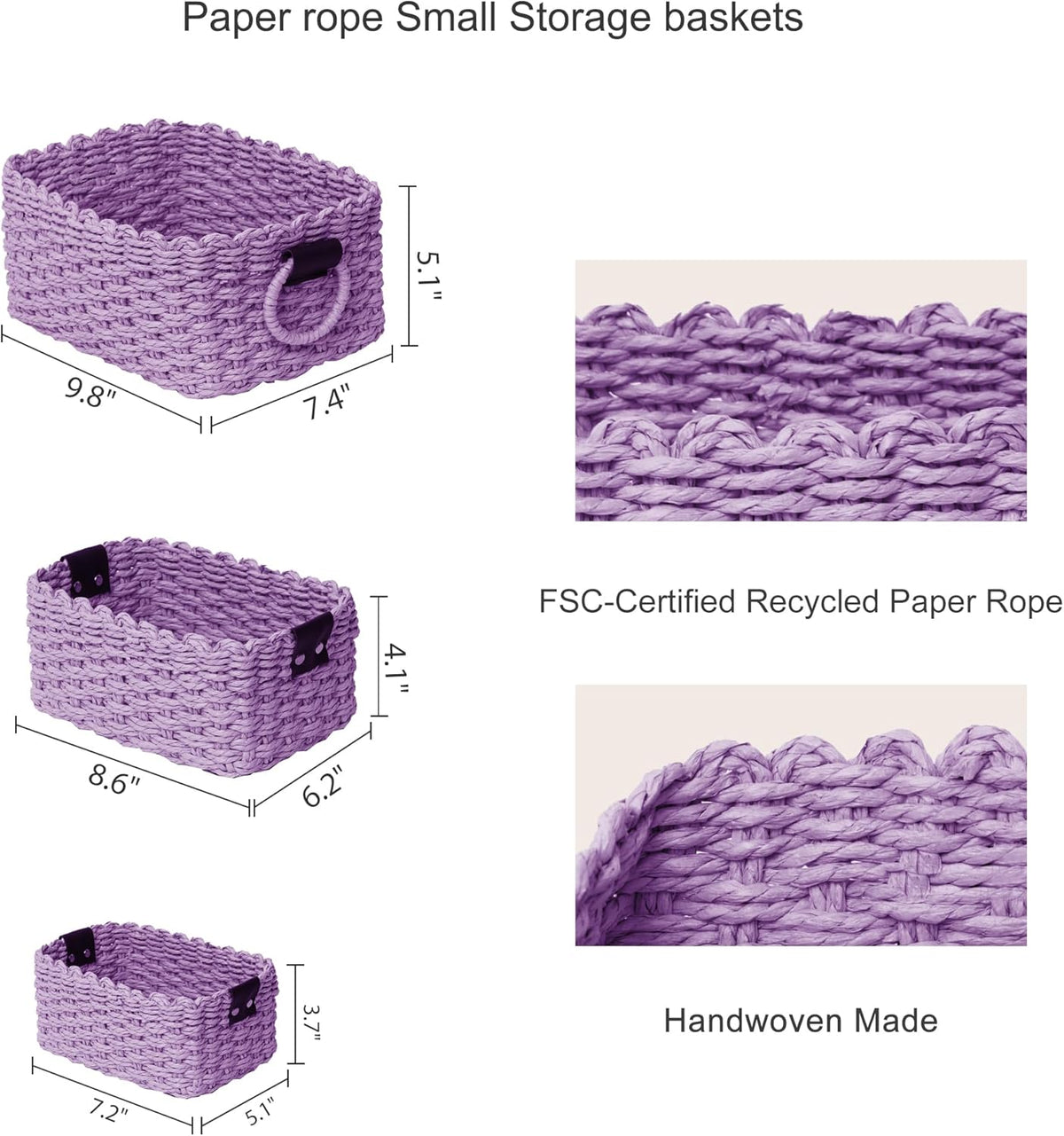 Small baskets for Organizing,Cute woven Storage basket with recycled paper rope for Shelves Bathroom,Little decorative basket,Set of 3 (Purple)