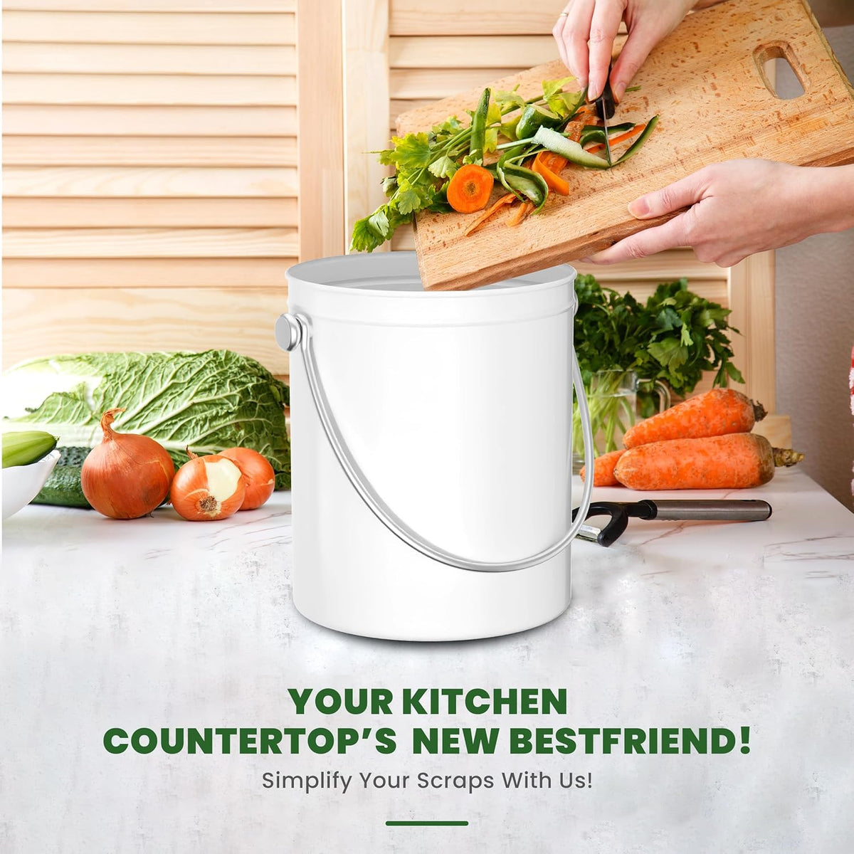 Utopia Kitchen Compost Bin for Kitchen Countertop, 1 Gallon Compost Bucket for Kitchen with Lid, Includes 1 Spare Charcoal Filter (White)