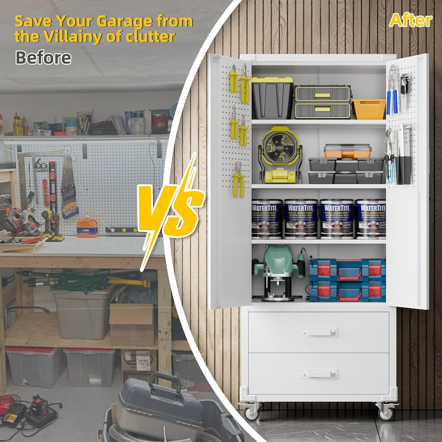 Aobabo 2 Large Drawer Metal Storage Cabinet with Wheels, Lockable Steel Storage Cabinet with 3 Adjustable Shelves with 6 Hooks for Home, Office, Garage, Classroom, White, Assembly Required