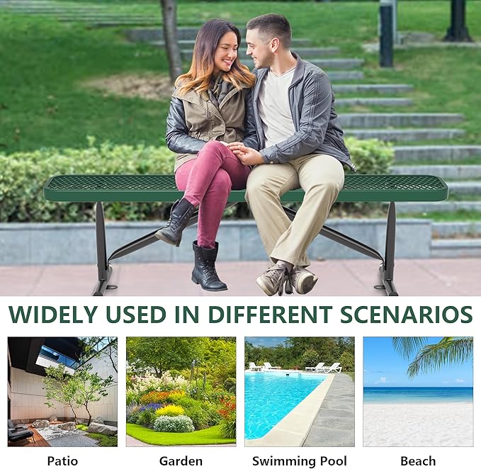 72" L Outdoor Steel Flat Bench, Heavy Duty Metal Park Bench for Outside, Expanded Metal, Commercial Benches Mesh Bench for Shopping Mall, Store, Lawn, Park, Patio, Deck, Garden (Green, 6FT)