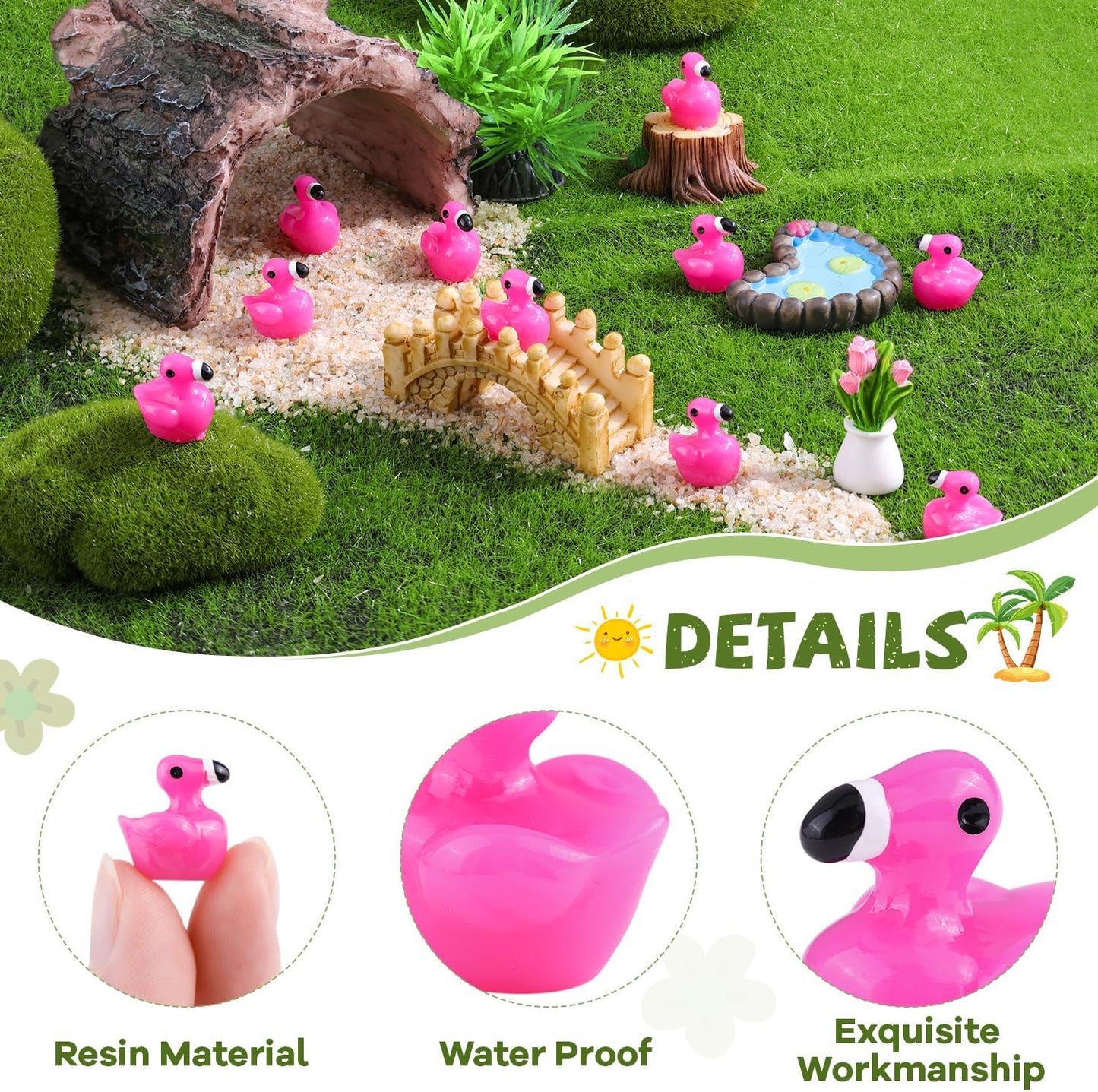110PCS Mini Resin Animals Cute Rose Pink Tiny Flamingo Ducks, Miniature Figures to Hide, Small Animal Toys Accessories Bulk for Topper Garden Dollhouse Landscape Aquarium Ornaments DIY Crafts & Decor