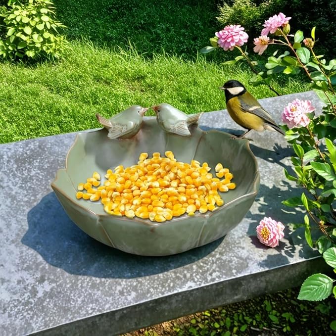 6.5" Ceramic Birdbath Bowl Wild Bird Feeder Food Holder Container Feeding Tray for Outside Bee Bird Water Bath Outdoor Garden Courtyard Decoration(Small)