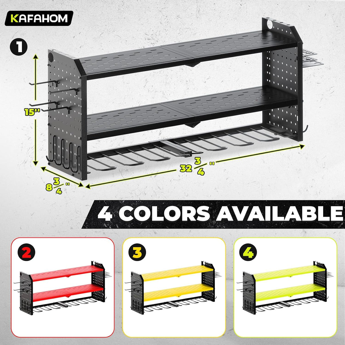 KAFAHOM Power Tool Organizer,Large 8 Drill Holder Wall Mount with 2 Side Pegboards,Metal Tool Shelf with 12 Hooks,Storage Rack for Garage Organization,Utility Cordless Drill Holder - Black