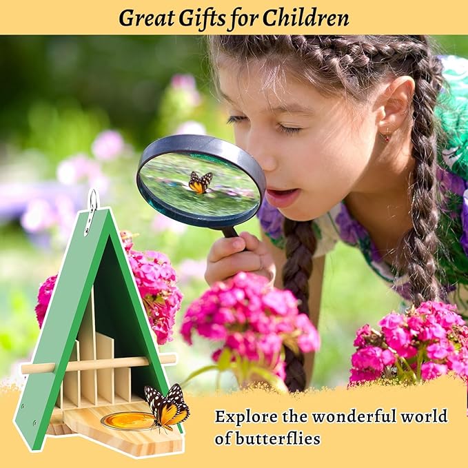 2025 New Butterfly House and Feeder for Outside, Wooden Butterfly House with Metal Stake for Garden, Natural Butterfly Habitat with Butterfly Puddler on The Floor or Hanging on Tree Wall