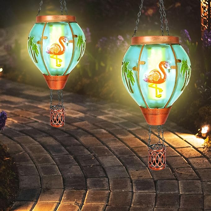 4 Pack Solar Hot Air Balloon Lantern with Flame, Flamingo Glass Solar Outdoor Lights Decorative for Outdoor Patio Garden Decor, Flamingo Gifts for Women Grandma Mom - Flamingo