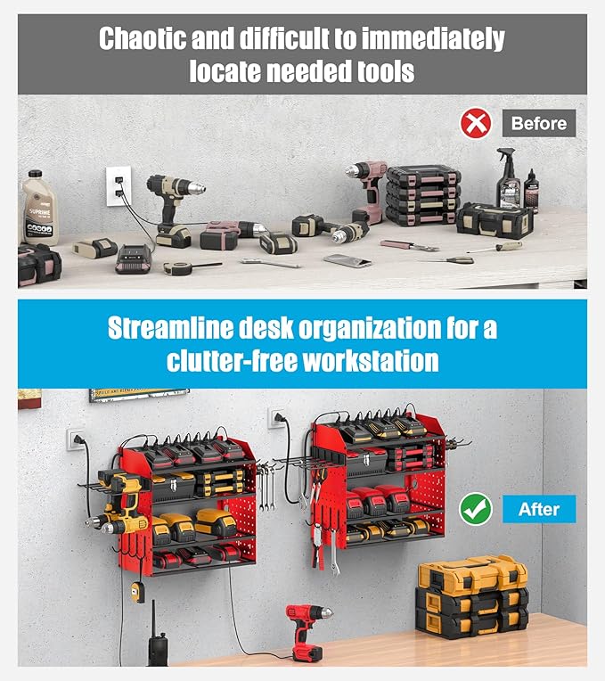 CCCEI Modular Desk Power Tools Organizer with Charging Station, 4 Layer Drills Battery Storage Wall Mount, Garage Shop Organization, Anniversary, Birthday, Gifts for Men, Father, Red, 10FT Cord.