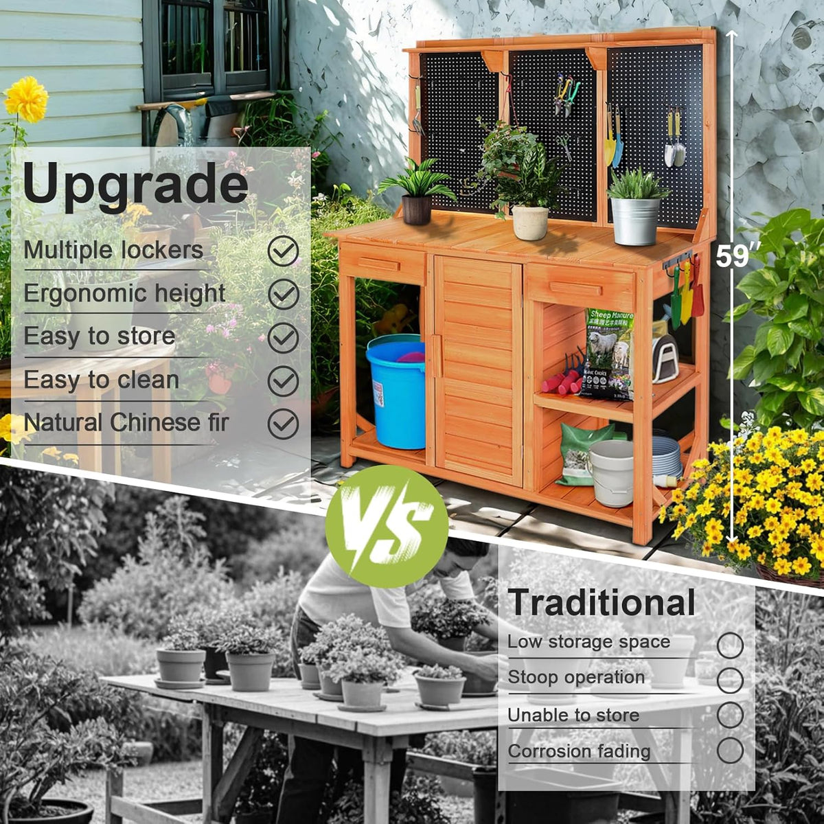 Outdoor Garden Potting Bench, Horticultural Wooden Workstation Table with Storage Drawer, Cabinet, Metal Pegboard, Adjustable Hooks and Shelves for Backyard, Patio, Greenhouse