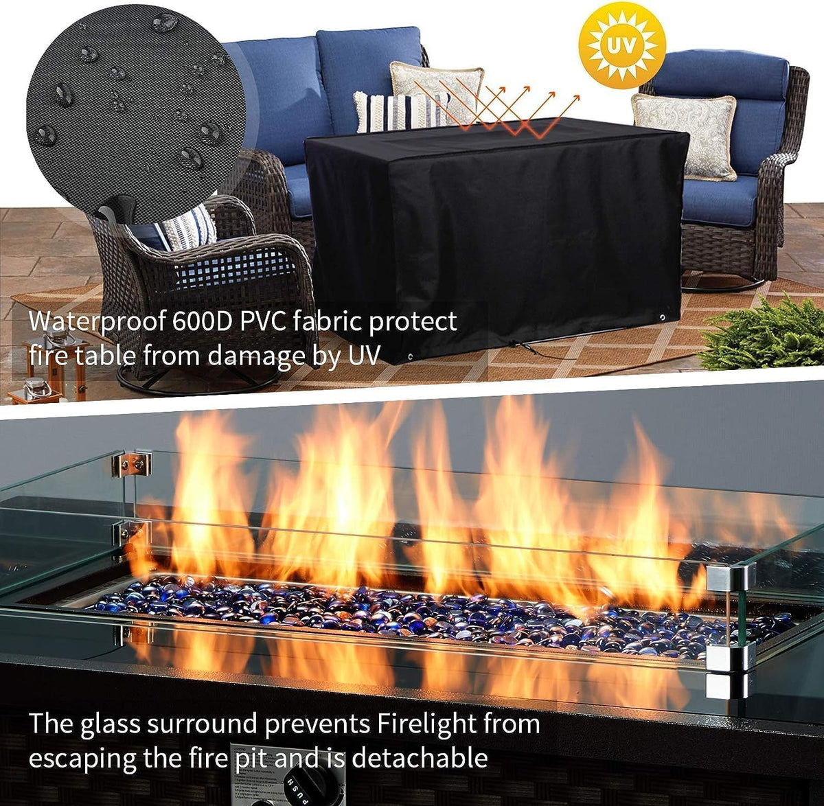 U-MAX 44in Outdoor Propane Gas Fire Pit Table, 50,000 BTU Auto-Ignition Gas Firepit with Glass Wind Guard, Black Tempered Glass Tabletop & Blue Glass Rock, Brown PE Rattan, CSA Certification