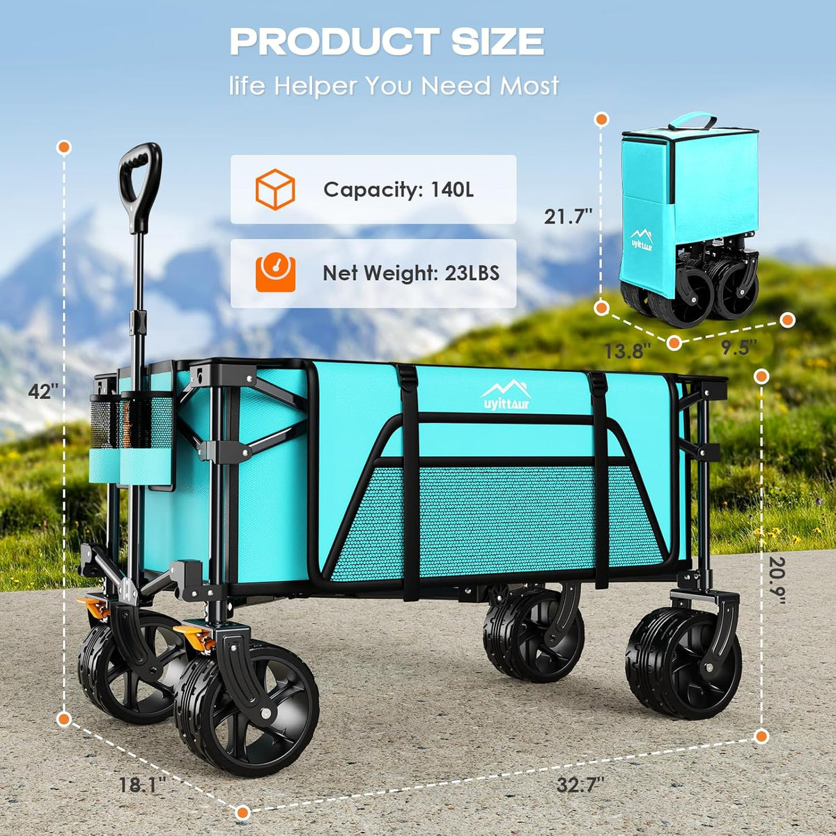 Collapsible Wagon Cart Heavy Duty Foldable, Folding Beach Wagon with Big Wheels for Sand, Utility Grocery Cart with Side Pocket and Brakes for Sports Outdoor Activities, Light Blue