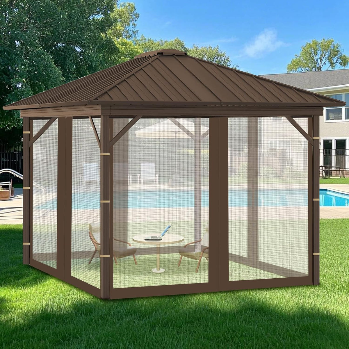 Replacement Gazebo Mosquito Netting 10' x 12',Universal Netting for Canopy Tent,4-Panel with Zipper for Outdoor Patio,Backyard (Mosquito Net Only,Brown)