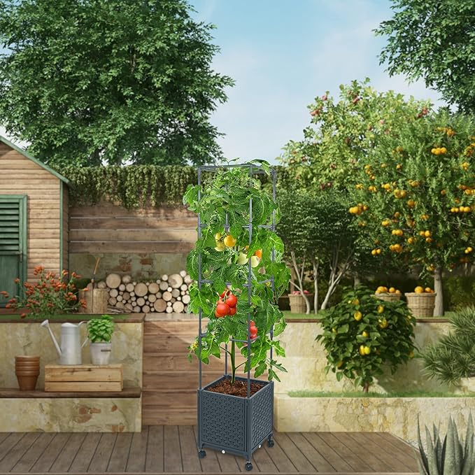 GREEN MOUNT Raised Garden Bed Planter Boxes with Trellis for Climbing Vegetables Plants, 56.7" Tomatoes Planters Outdoor Tomato Cage w/Wheels