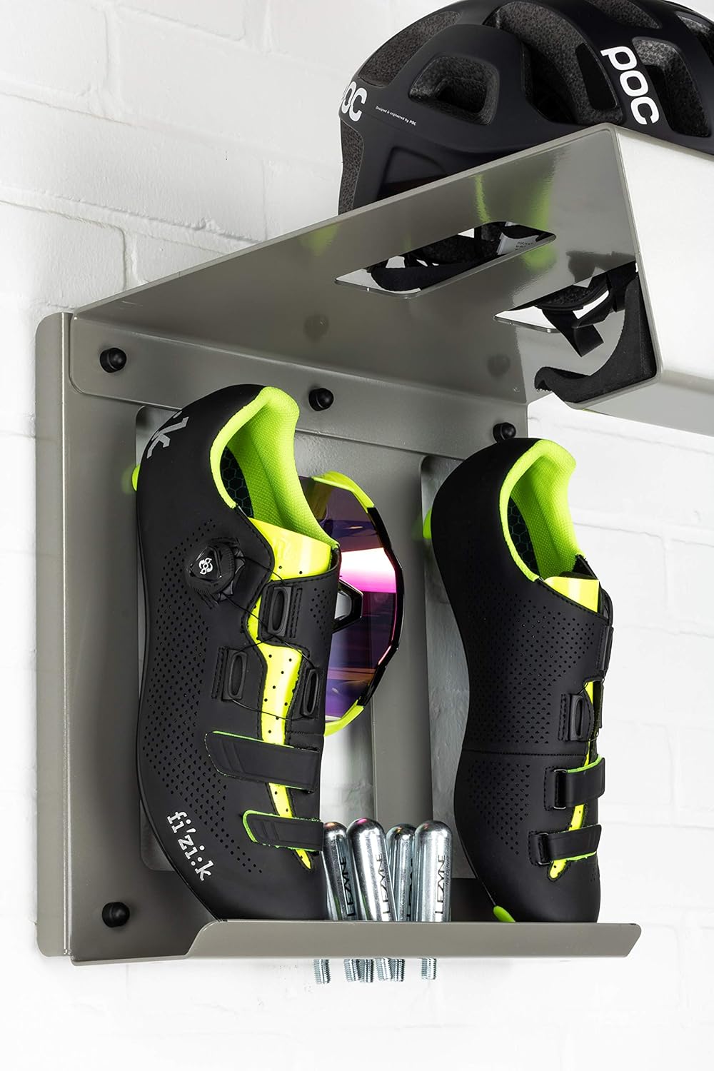 Wall Bike Rack | Bike Storage Wall Mount System | for Race Bicycles (Silver Metallic) and Mountain Bikes | Bike Shelf | Indoor Bike Wall Bracket | Stores Helmet and Shoes | Home and Garage