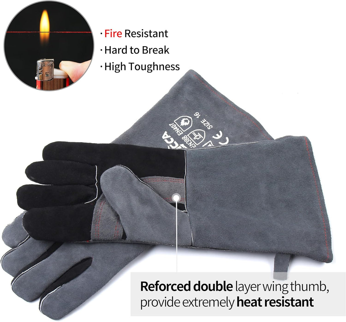 RAPICCA Fireplace Gloves Fire Heat Resistant: Grey 16IN 662℉- Fireproof Leather for Fireplace Fire pit Wood stove Campfire Furnace BBQ Grill Oven Stick Mig Welding Welder Gear - Birthday Gift for men