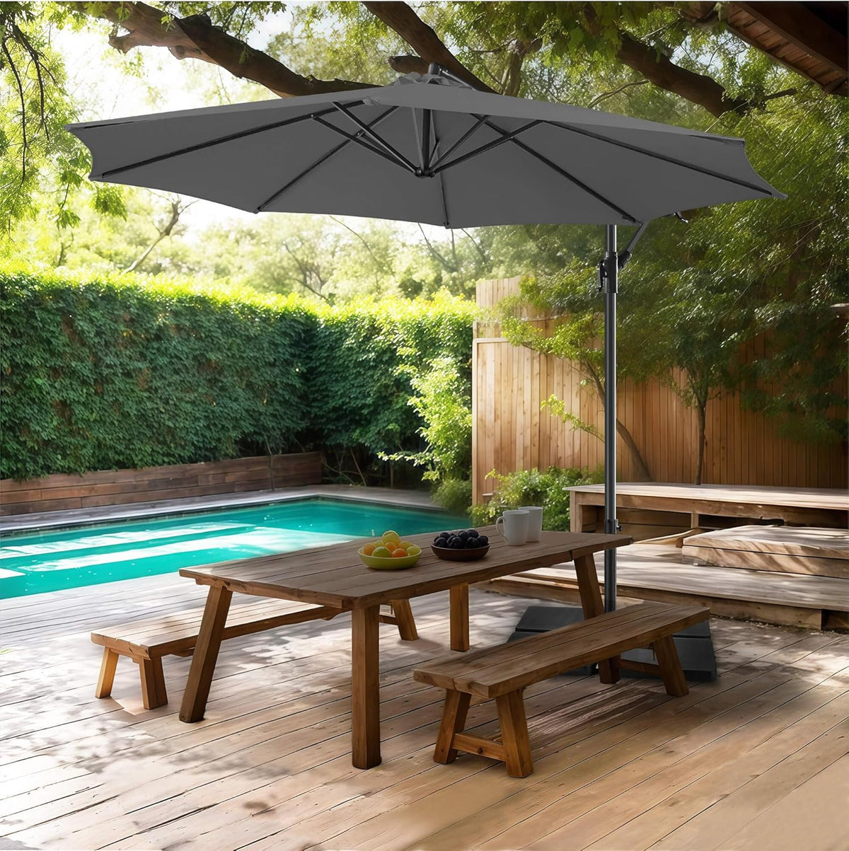 FLAME&SHADE 10ft Cantilever Patio Umbrella Outdoor, Large Offset Umbrella with Crank and Cross Base, UPF 50+ UV Protection Hanging Umbrella for Pool Deck Garden, Anthracite