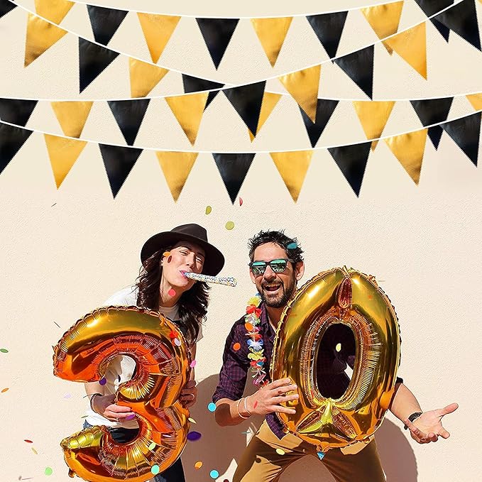 Black and Gold Party Decorations Triangle Pennant Banner Flag Metallic Fabric Bunting Garland for Birthday Graduation Anniversary Wedding Bachelorette Bridal Shower Engagement Hen Party Supplies
