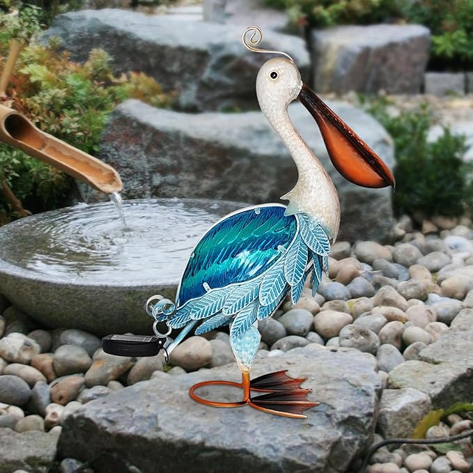 HONGLAND Solar Metal Pelican Statues Garden Sculpture & Statues, 19 Inch Glass Outdoor Pelican Yard Art Coastal Ocean Bird Decor Lawn Ornament for Backyard Porch Patio Decor(Blue)