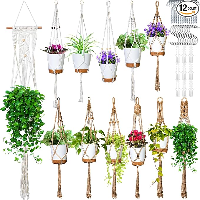 Hoteam 12 Pcs Macrame Plant Hangers Macrame Hanging Planters for Indoor Plants Handmade Boho Hanging Baskets Flower Pots Holder for Outdoor Home Wall Decor
