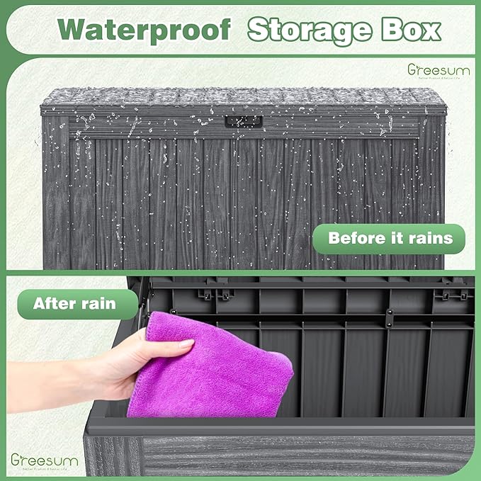 Greesum 120 Gallon Outdoor Storage Box with Lock - Large Resin Deck Box, Reinforced Lid for Garden, Patio, Lawn, Gray