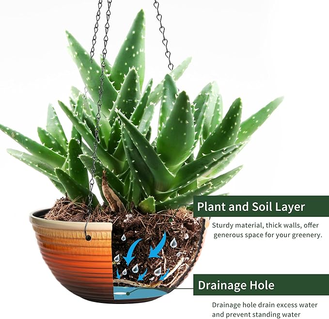 12 inch Hanging Planters for Indoor Outdoor Plants, 2 Pack Large Hanging Flower Pots with Drainage Holes and Chain, Glazed Hanging Baskets for Home Garden Decoration, Orange
