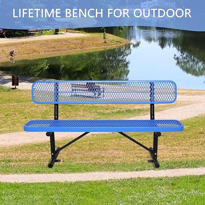 6FT Outdoor Benches Heavy Duty Park Bench with Back Portable Frame, Blue Metal Steel Bench, Outdoor Garden Bench Expanded Metal Mesh Bench for Lawn, Park, Deck, Garden, Patio, Porch, Black (Blue, 6FT)