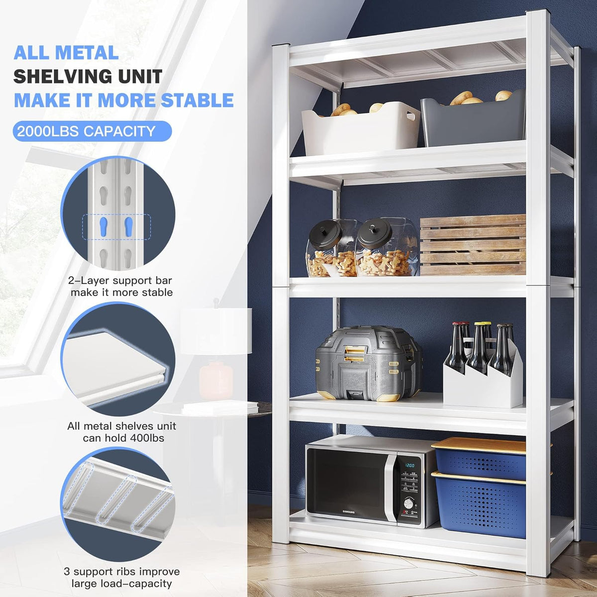 Raybee Garage Shelving Heavy Duty 2000LBS Storage Shelves Heavy Duty Shelving 5 Tier White Metal Shelves Pantry Shelf for Kitchen Closet Basement Warehouse 16.5" D x 32" W x 63" H