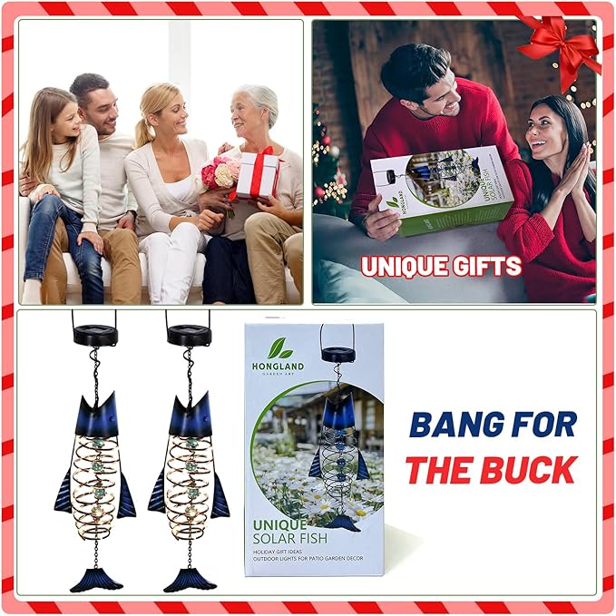 HONGLAND 2 Pack Solar Lantern Outdoor - Metal Fish Hanging Decoration - Waterproof Warm LED Lights Outside - Unique Gifts for Garden Man Women Holiday Days, Birthdays, Attractive Addition to Yard Art