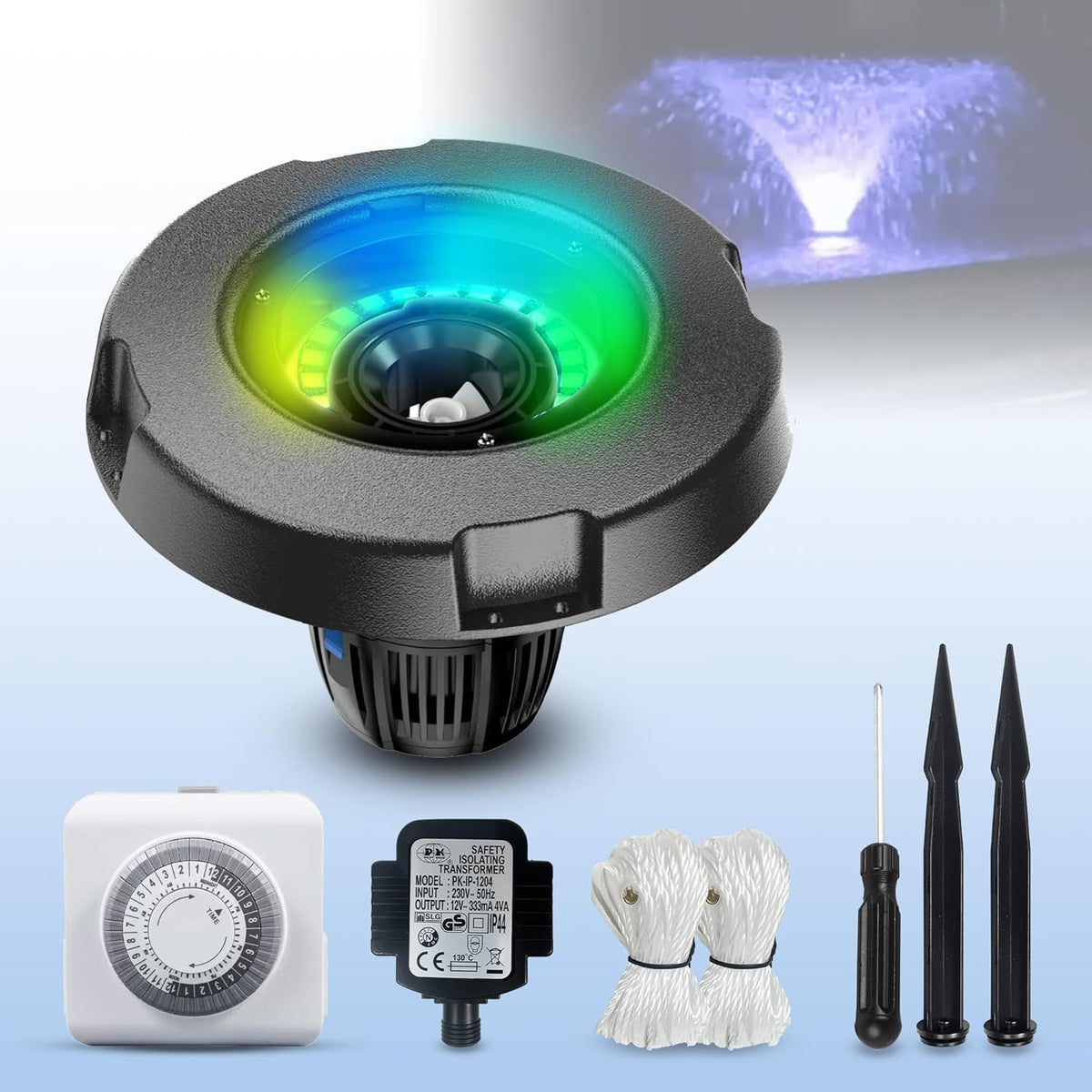 RGB LED Pond Fountain Aerator,with Color-Changing Light Show, 10000 GPH Floating Aerating Pump, 35ft Power Cord, Time Control, Perfect for Ponds & Lakes (RGB)