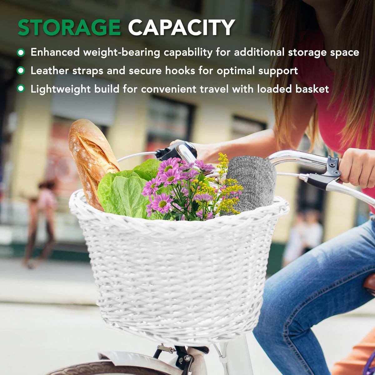 ProSource Wicker Bike Basket Front Cargo for Women and Men, Fits Most Bikes, Beach Cruiser, Stationary Bike, Ebike, Road Bike, White