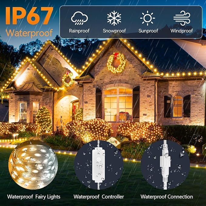 HOUHUI Fairy Lights Plug in Outdoor, 100Ft 2700K-6500K White Christmas Fairy Light IP67 Waterproof with Remote, 8 Modes, Warm-Cool White LED Fairy Twinkle Lights for Bedroom Garden Trees Party Decor