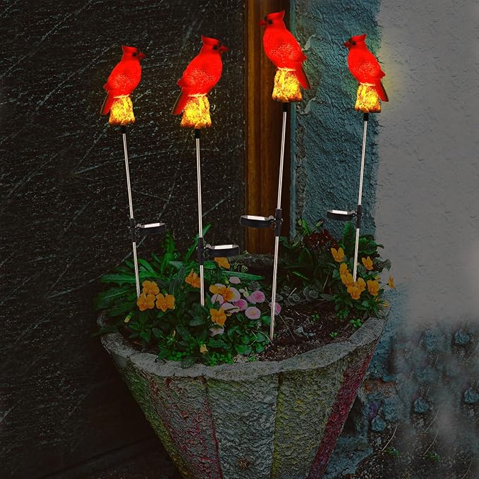 4 Pack Solar Cardinal Stake Light Cardinal Decor Garden Red Bird Figurine Memorial Solar Light Outdoor Pathway Yard Lawn Ornaments for Spring Easter Mothers Day Gifts Decorations Outside Women