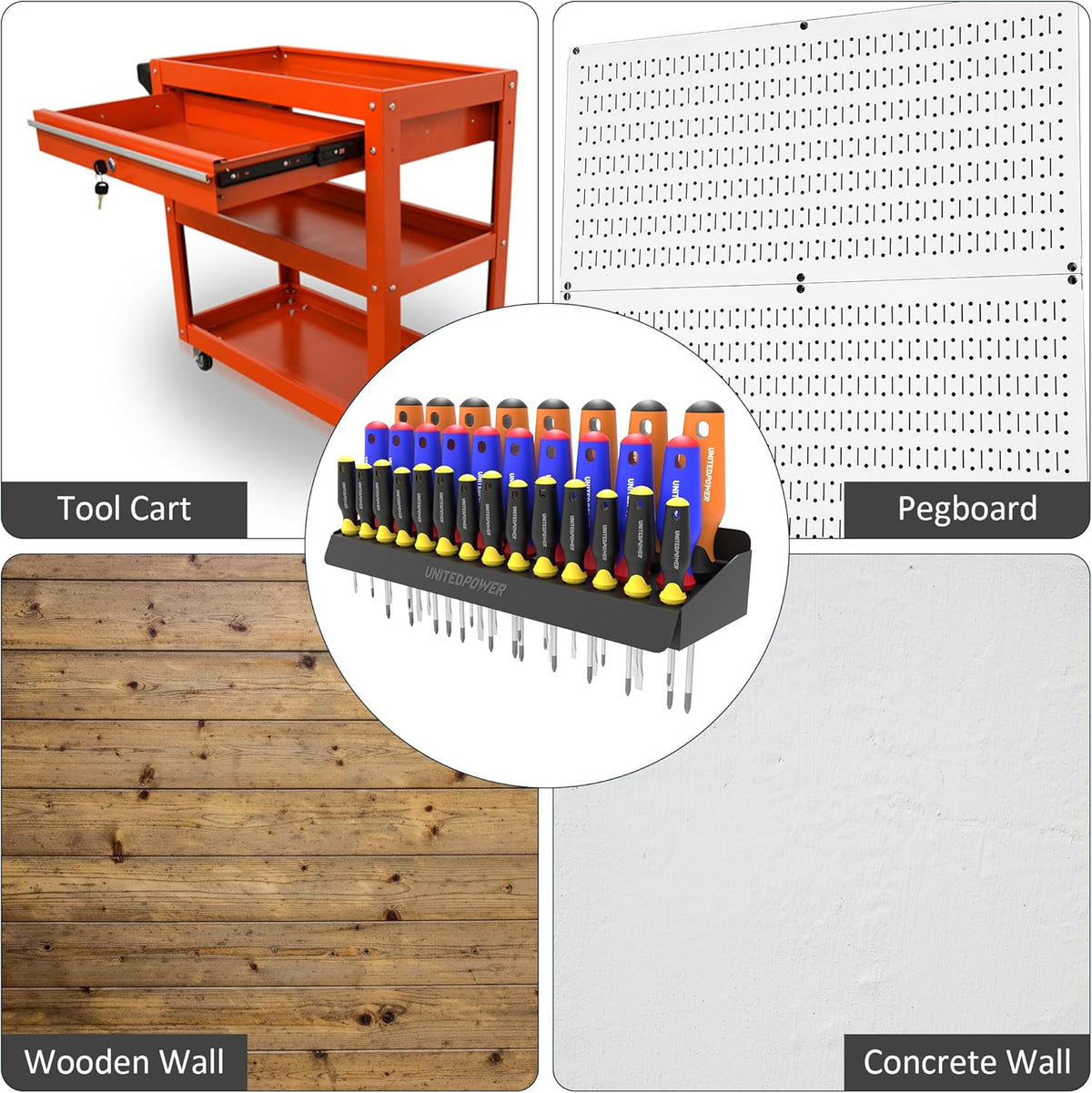 UNITEDPOWER Screwdriver Holder, Wall Mount Storage Rack Organizer for Workshop, Shed, Garage, Home, Stores up to 32 Screwdrivers or Small Tools
