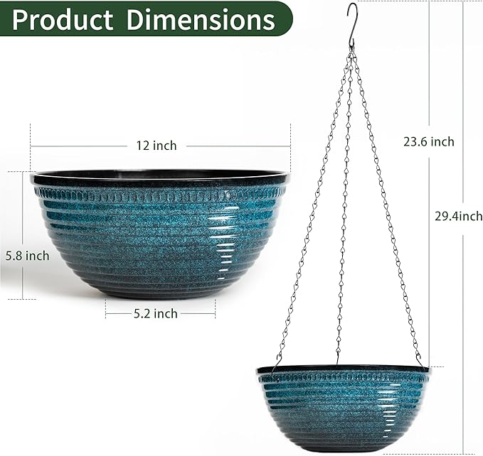 12 inch Hanging Planters for Indoor Outdoor Plants, 2 Pack Large Hanging Flower Pots with Drainage Holes and Chain, Glazed Hanging Baskets for Home Garden Decoration, Blue