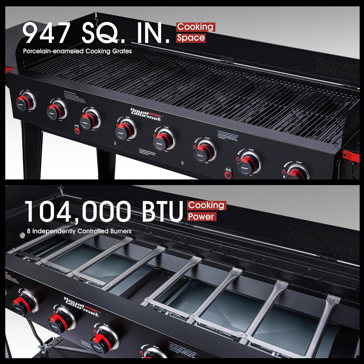Royal Gourmet GB8003 8-Burner Propane Gas Grill with Foldable Side Tables, Large Propane BBQ Grill with Porcelain-Enameled Steel Wire Grates for Outdoor Party or Backyard Grilling, Black