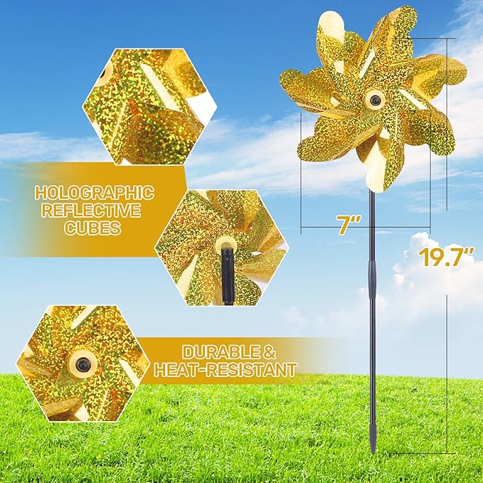 BATTIFE Golden Pinwheels for Garden, 10 Pack Reflective Wind Spinner to Scare Birds Away, Sparkly Pinwheel Deterrent, Outdoor Gold Pinwheel for Lawn and Patio