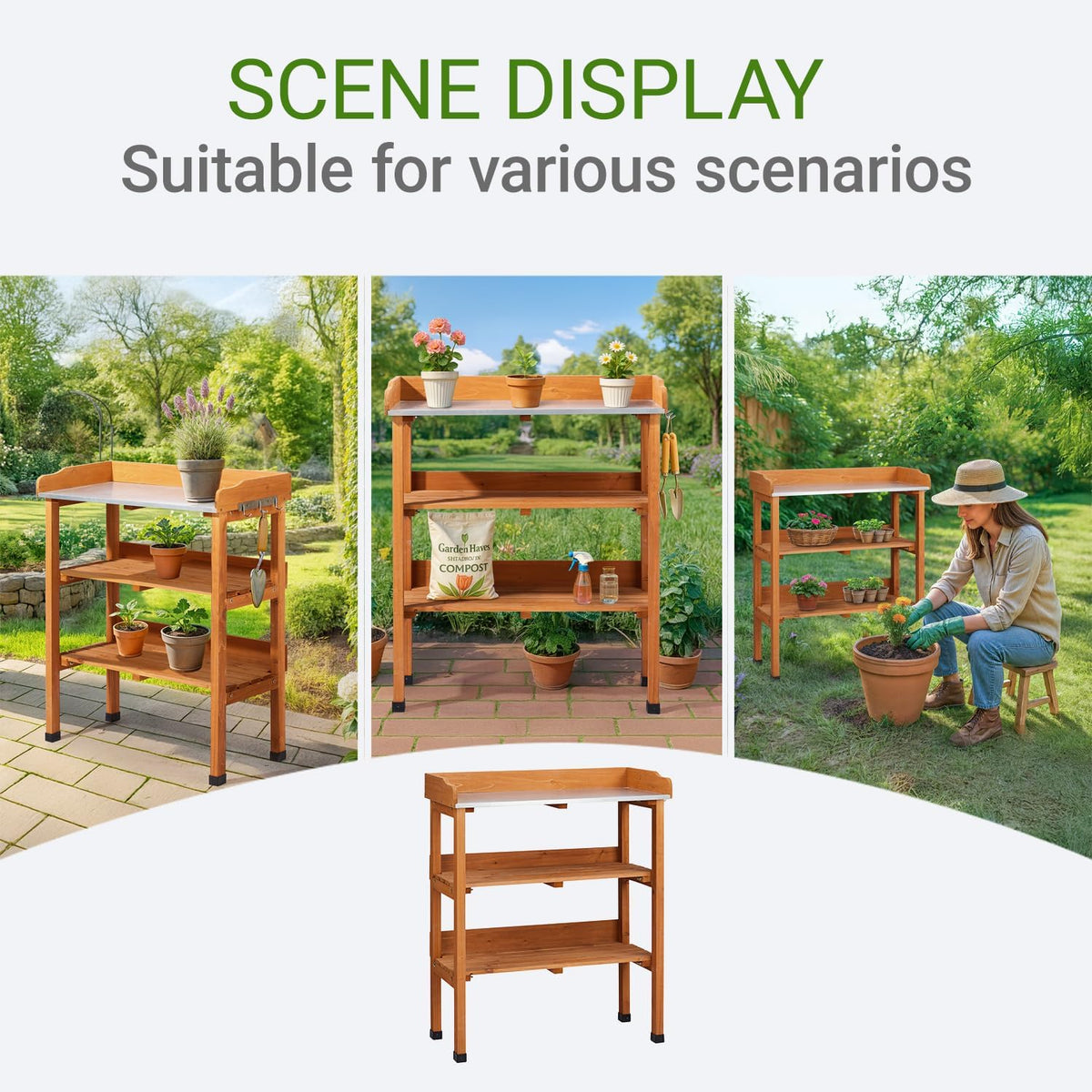 Outdoor Potting Bench Garden Work Station, Solid Wood Planting Table w/Sink Drawer Shelves,Metal Top, Folding Patio Furniture for Porch Balcony (29.1 x 14.2 x 35.6(Orange Yellow))