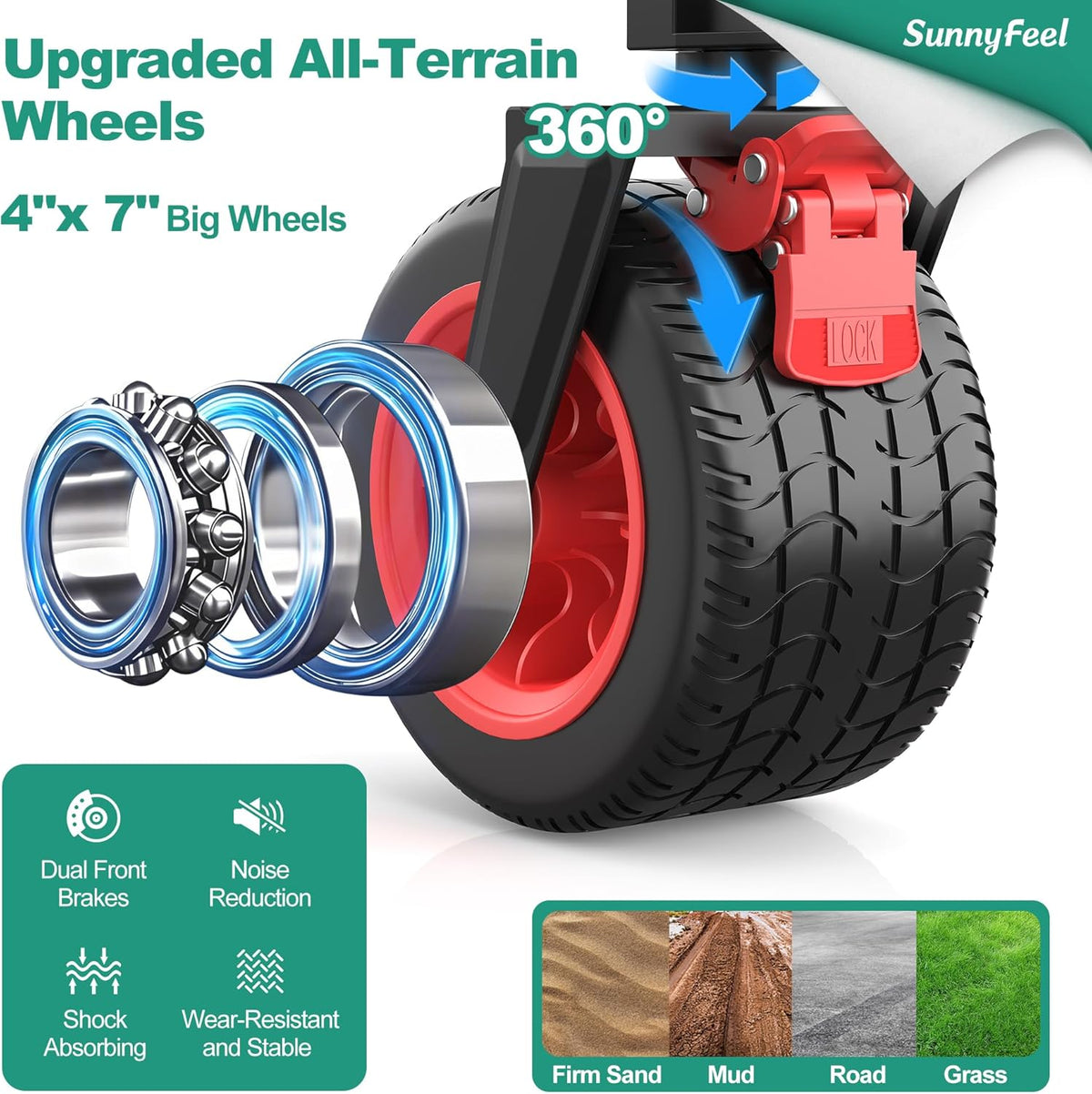 SUNNYFEEL Heavy Duty Collapsible Outdoor Utility Wagon Cart 500LB Capacity Adjustable Handlebar,Foldable Beach Wheels Stable Durable Oxford Fabric for Shopping Garden Camping (Red, Tall Version)