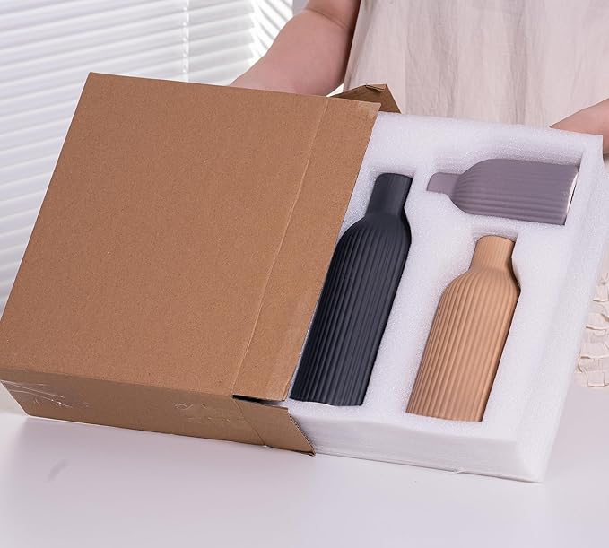 Ceramic Vase Set of 3, Flower Vases for Spring Room Decor, Kitchen Farmhouse, Modern Boho Style(Khaki/Black/Grey)