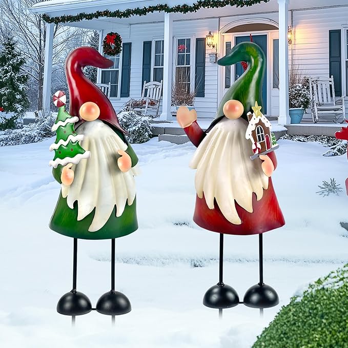 HONGLAND Christmas Decorations Outdoor Metal Gnome Yard Art Christmas Gnomes Statue 18 Inch Gnome Figurine for Holiday Christmas Lawn Patio Yard Garden Decor-2 PCS