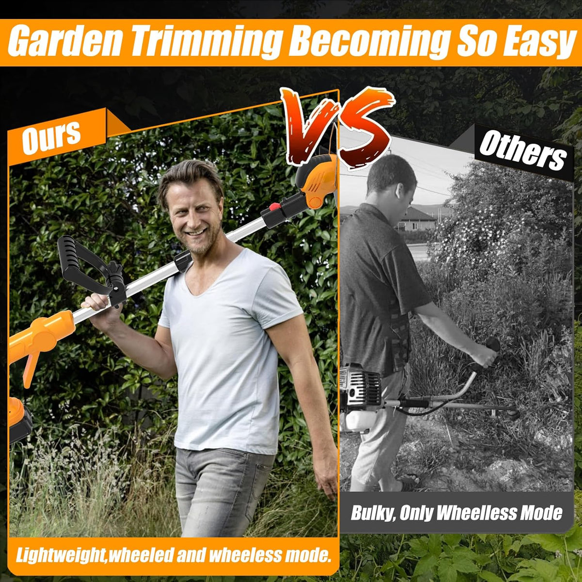 Electric Weed Wacker Cordless Eater, Battery Powered No String Grass Trimmer with 2 21V/4Ah Battery Operated&3 Types Blade&Wheels, Lightweight Weed Trimmer/Edger Lawn Tool for Garden Yard - Orange