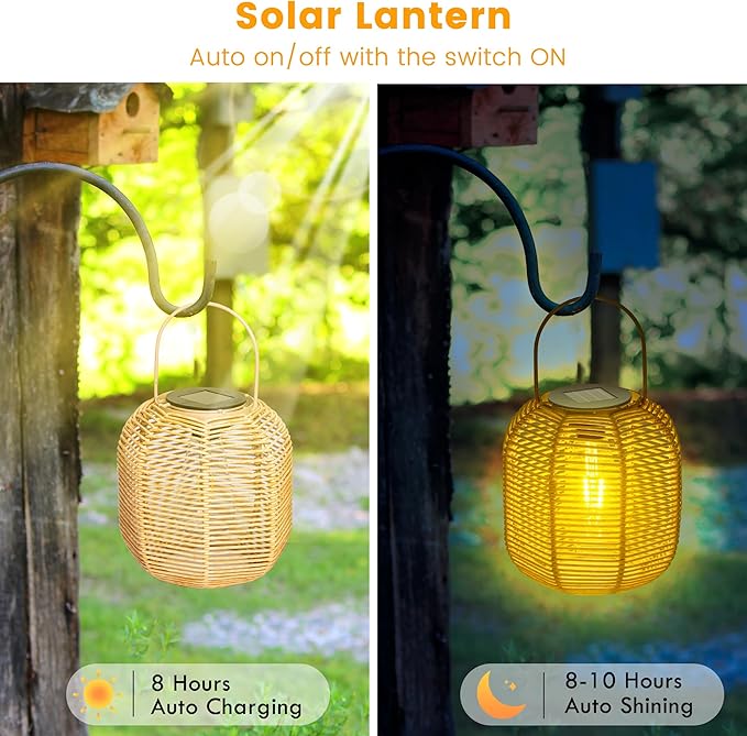 HPC Decor 2 PK Solar Lanterns-Outdoor Solar Lanterns Waterproof, Rattan Solar Lights, Hanging Solar Lanterns Outdoor,Solar Lamp Lights,Decoration Lights for Garden,Patio,Porch,Trees,Pathway,Outside.