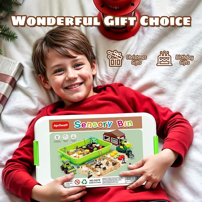 69 PCS Farm Sensory Bin Toys Playset, Sandboxes with Sand, Farmer Tractor & Farm Animals Figures Toys for Kids 3 4 5, Gifts for 6 7 Years Old Boys Girls Toddlers