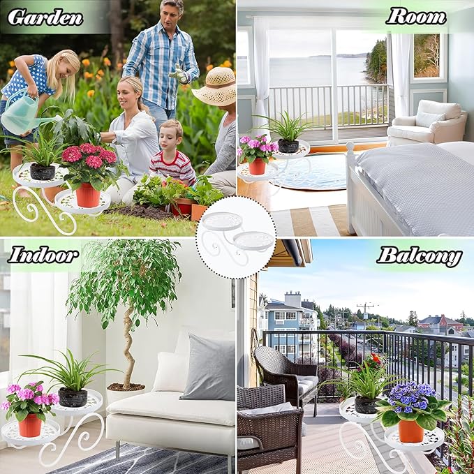 2 Tier White Plant Stand, Metal Flower Stand Indoor Outdoor, Anti-Rust Iron Plant Shelf, Round Flower Pot Stands for Multiple Plants, Display Rack Potted Plant Holders for Garden Home Decor