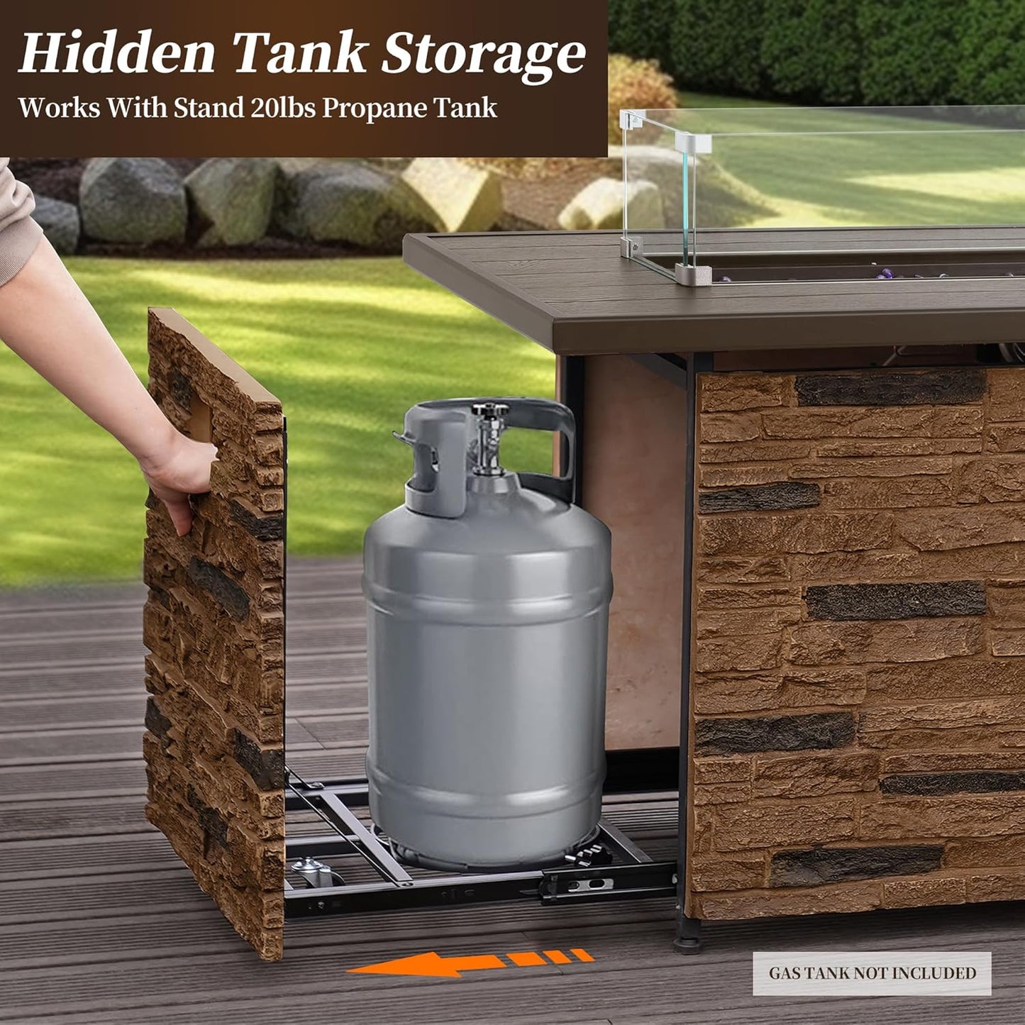 43โ Propane Fire Pit Table Outdoor Rectangular Stone Firepit Table 50,000 Btu Propane Fire Tables for Outside Patio with Glass Wind Guard, Lid, Fire Glass Beads,Brown Rock Look