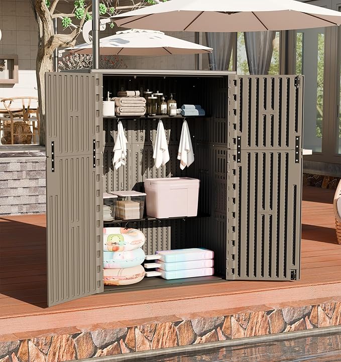 HOMSPARK Outdoor Storage Shed Weather Resistance, Patio Storage Cabinet Lockable Resin Tool Shed for Storage of Bike, Trash Cans, Garden Tools (Shallow Coffee, 66 Cu.ft)