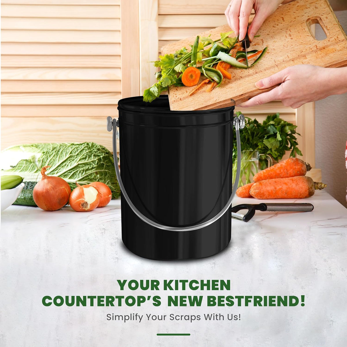 Utopia Kitchen Compost Bin for Kitchen Countertop, 1 Gallon Compost Bucket for Kitchen with Lid, Includes 1 Spare Charcoal Filter (Black)