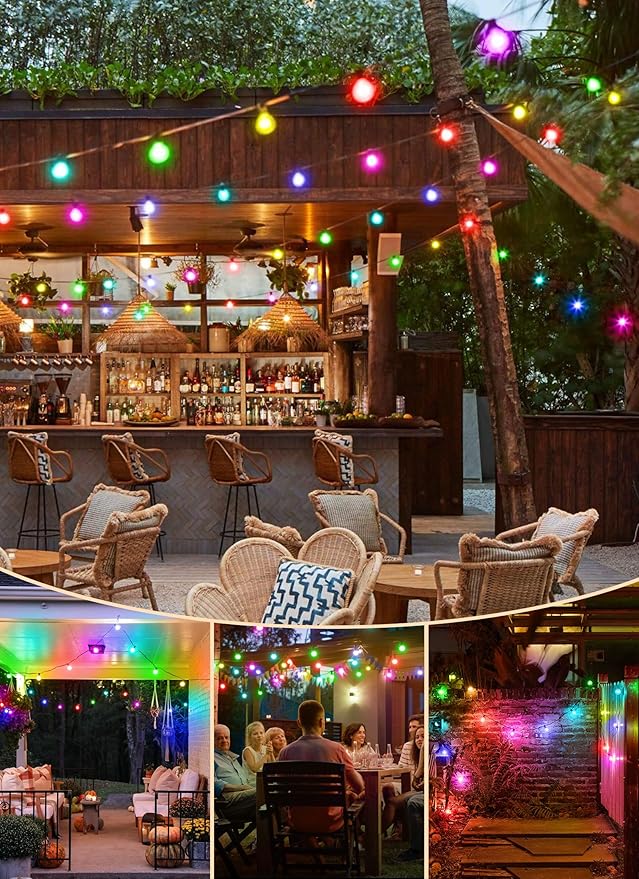 Brightown RGBW Outdoor String Lights, 25FT LED Patio Lights with Remote and Timer, Commercial Grade Waterproof Hanging Lights with 13 Shatterproof Bulbs(1 Spare) for Backyard Porch Garden Party Decor
