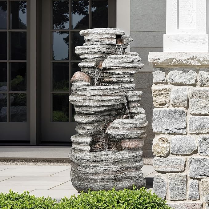 40" Outdoor Water Fountain with LED Lights - 5-Tier Cascading Rock Waterfall Fountain, Natural Rock Look, Ideal for Garden, Landscaping, Patio, Balconies and Yard Decor