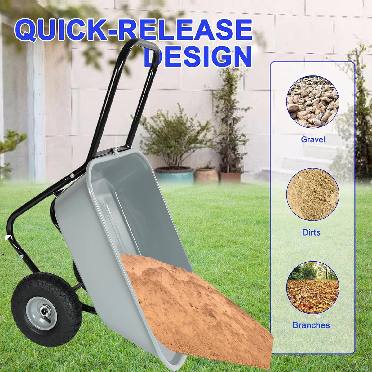 Dual Wheel Wheelbarrow, Heavy Duty Garden Cart, 300 lbs Capacity Utility Cart with Two 15 inches Pneumatic Tires for Outdoor Lawn Yard Farm Ranch (Gray)