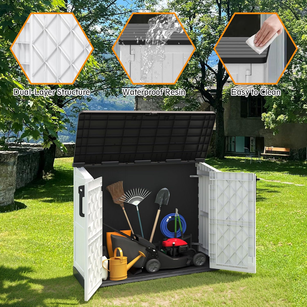 NUNU LAB Outdoor Storage Cabinet 36 Cu.Ft Garden Storage Shed Waterproof Lockable for Garden Hoses, Generator, and Lawn Mower