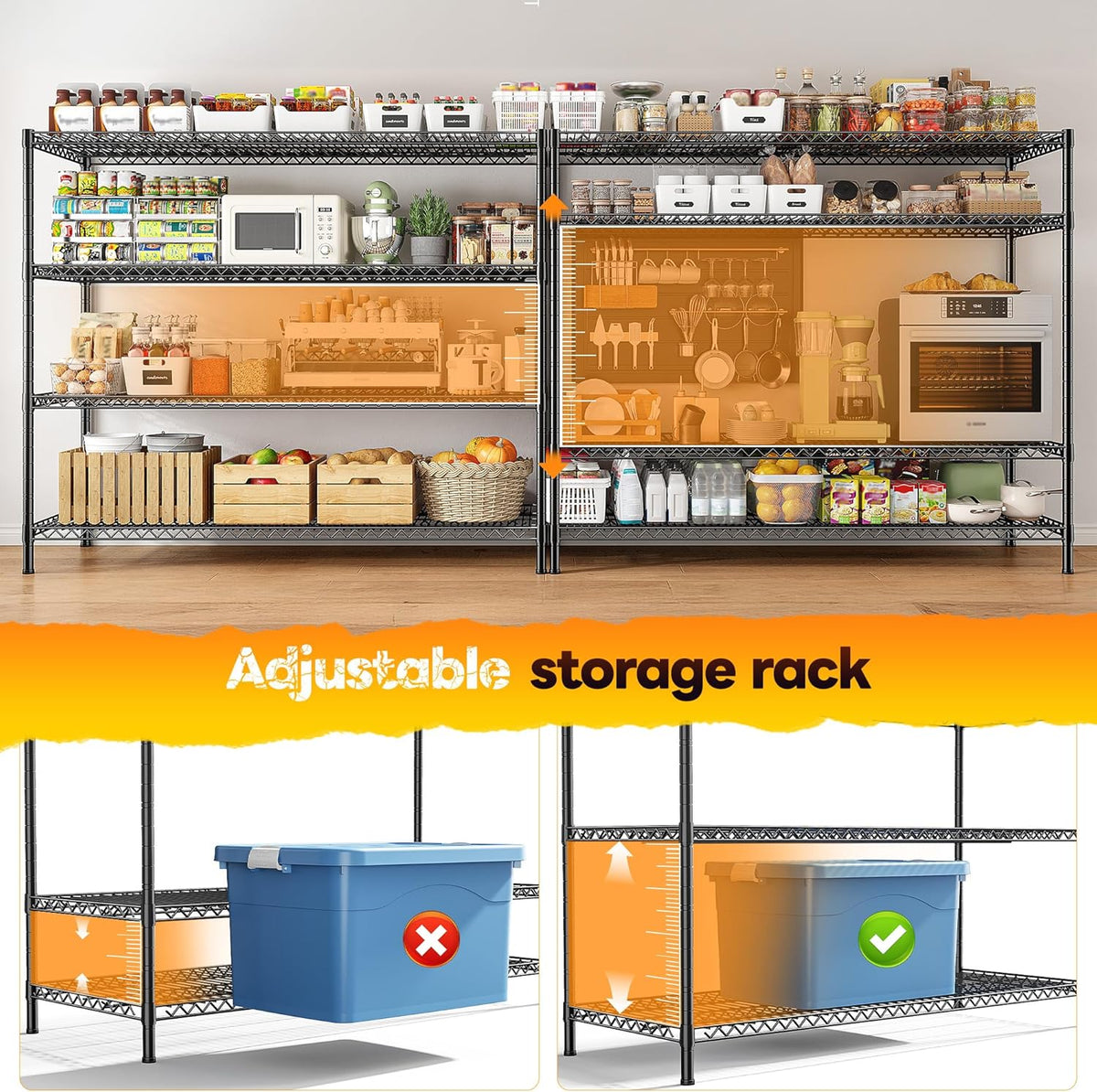 REIBII 2560LBS Storage Shelves 55.5"W Metal Shelving Unit 4 Tier Wire Shelving Commercial Adjustable Garage Shelving Heavy Duty for Storage Rack for Pantry, Garage, Kitchen,55.5"W x 18"D x 55.5"H,2PCS